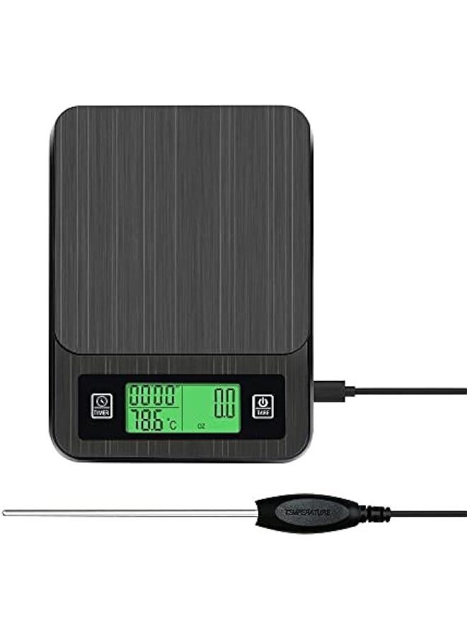 Gonice - Coffee Scale with Timer, 3kg/0.1g High Accuracy, LCD Backlight Display Digital Kitchen Food Scale with Meat Thermometer, for Baking and Cooking(Black) - Image 1