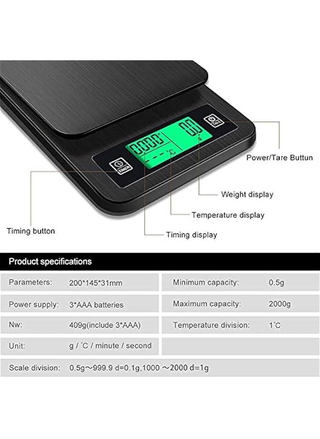 Gonice - Coffee Scale with Timer, 3kg/0.1g High Accuracy, LCD Backlight Display Digital Kitchen Food Scale with Meat Thermometer, for Baking and Cooking(Black) - Image 1