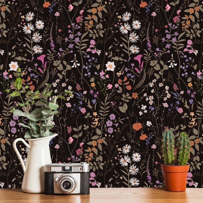 WALLPAPER SELFADHESIVE BLOOMING VINTAGE COLOURFUL FLOWERS WALLPAPER FOR BEDROOM LIVING ROOM CABINET PEEL AND STICK BEIGE SKETCH LITTLE FLOWERS WALLPAPER MURAL 142 SQ FEET 1181X173 BLACK