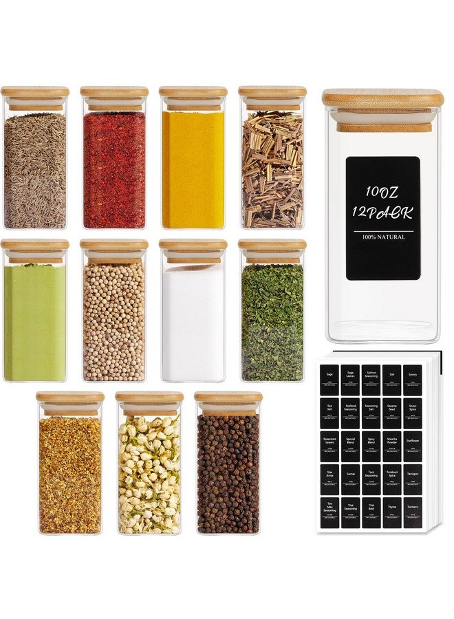 ComSaf 12Pcs Glass Spice Jars with Bamboo Lid, 10oz Airtight Square Containers with 275 Black Lables, Empty Seasoning Jars for Spice Salt Sugar - Image 1