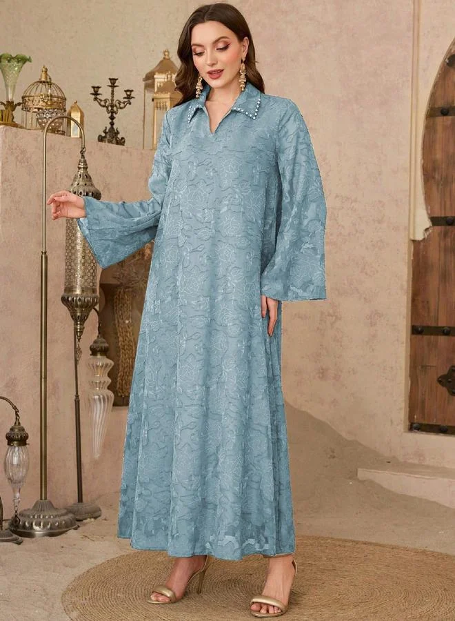 Take Two Take Two Blue Jacquard Embellished Collar Jalabiya