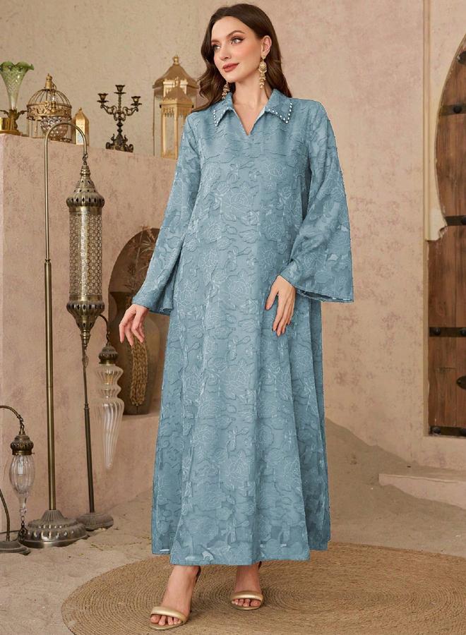 Take Two Blue Jacquard Embellished Collar Jalabiya - Image 3