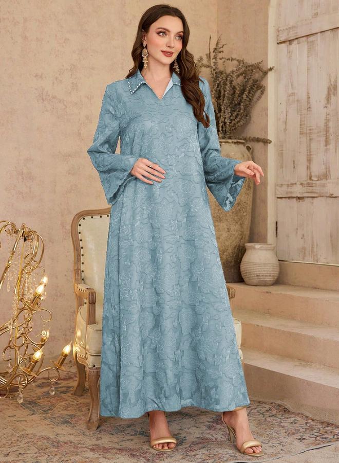 Take Two Blue Jacquard Embellished Collar Jalabiya - Image 5