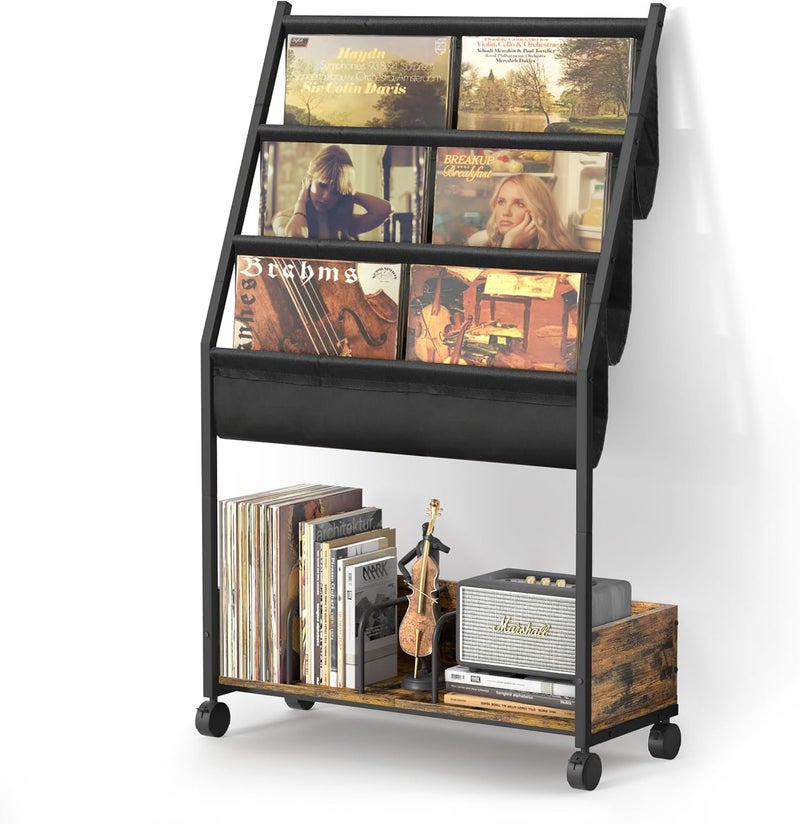Keebofly Vinyl Record Storage, Record Holder Up to 200 Albums, Record Stand with 3 Tier Holder Display Shelf, Movable Vinyl Storage Organizer Rack, Record Cabinet for Book Magazine Turntable - Image 1
