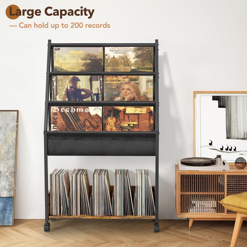 Keebofly Vinyl Record Storage, Record Holder Up to 200 Albums, Record Stand with 3 Tier Holder Display Shelf, Movable Vinyl Storage Organizer Rack, Record Cabinet for Book Magazine Turntable - Image 2