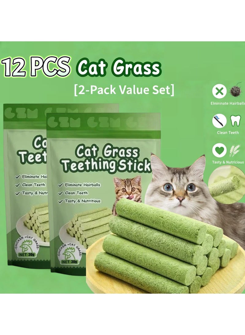 12 قطعة من أعواد العشب للقطط لتنظيف الأسنان بأمان داخل المنزل، فرشاة أسنان للقطط، لعبة للمضغ لجميع السلالات، عصا تسنين من العشب للقطط - Image 1