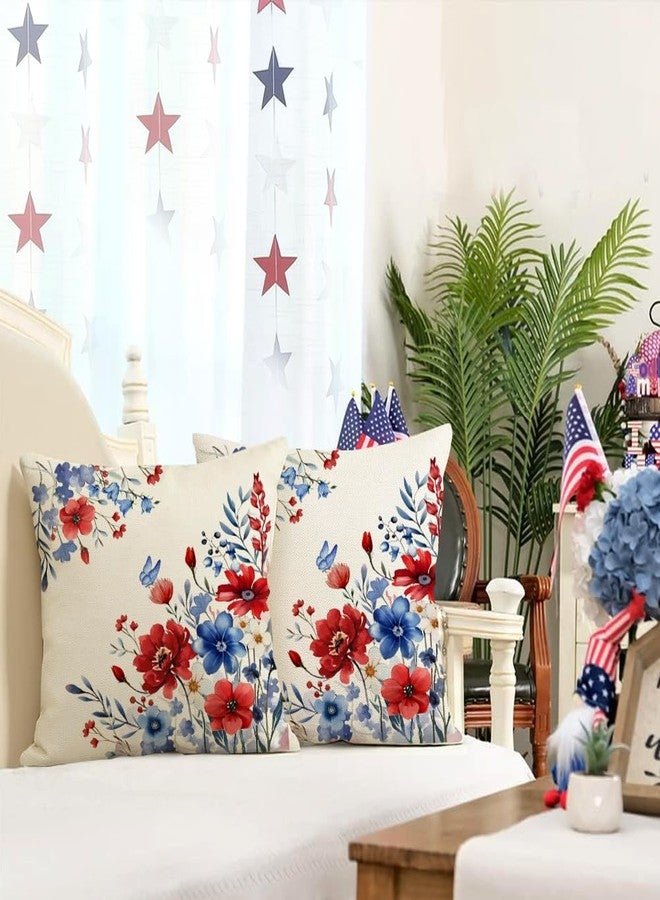 RABUSOFA 4th of July Memorial Day Patriotic Throw Pillow Cover,18x18 Inch Red White and Blue Flowers Independence Day American Fourth of July Decoration for Sofa Couch Set of 2 - Image 2