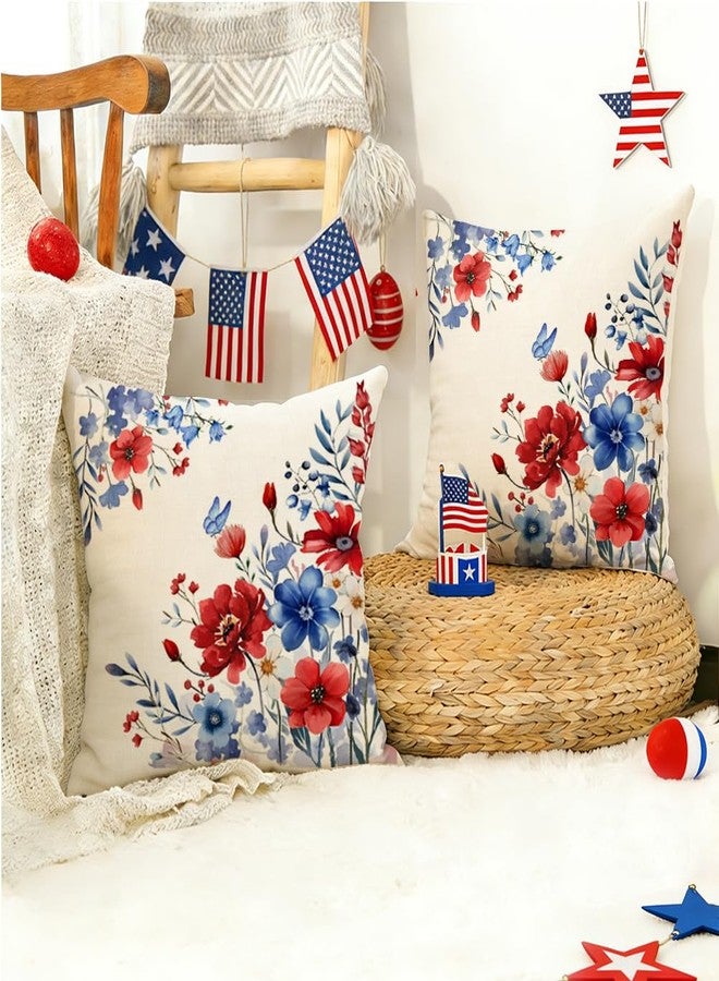 RABUSOFA 4th of July Memorial Day Patriotic Throw Pillow Cover,18x18 Inch Red White and Blue Flowers Independence Day American Fourth of July Decoration for Sofa Couch Set of 2 - Image 4