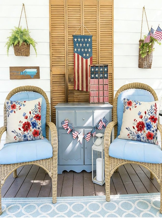 RABUSOFA 4th of July Memorial Day Patriotic Throw Pillow Cover,18x18 Inch Red White and Blue Flowers Independence Day American Fourth of July Decoration for Sofa Couch Set of 2 - Image 5