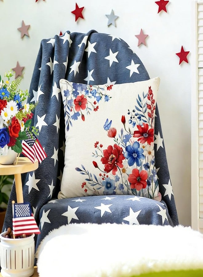 RABUSOFA 4th of July Memorial Day Patriotic Throw Pillow Cover,18x18 Inch Red White and Blue Flowers Independence Day American Fourth of July Decoration for Sofa Couch Set of 2 - Image 3