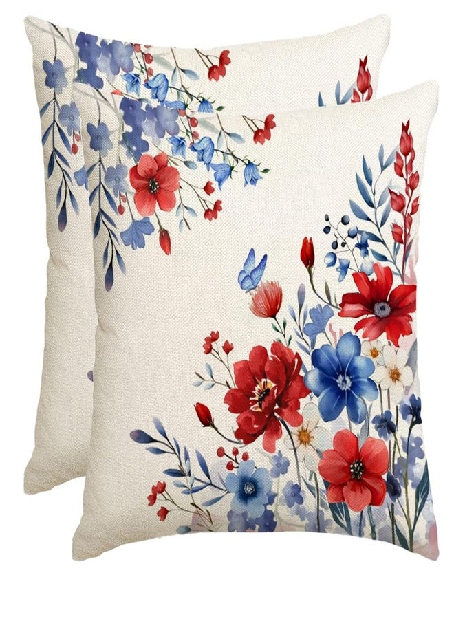 RABUSOFA 4th of July Memorial Day Patriotic Throw Pillow Cover,18x18 Inch Red White and Blue Flowers Independence Day American Fourth of July Decoration for Sofa Couch Set of 2 - Image 1