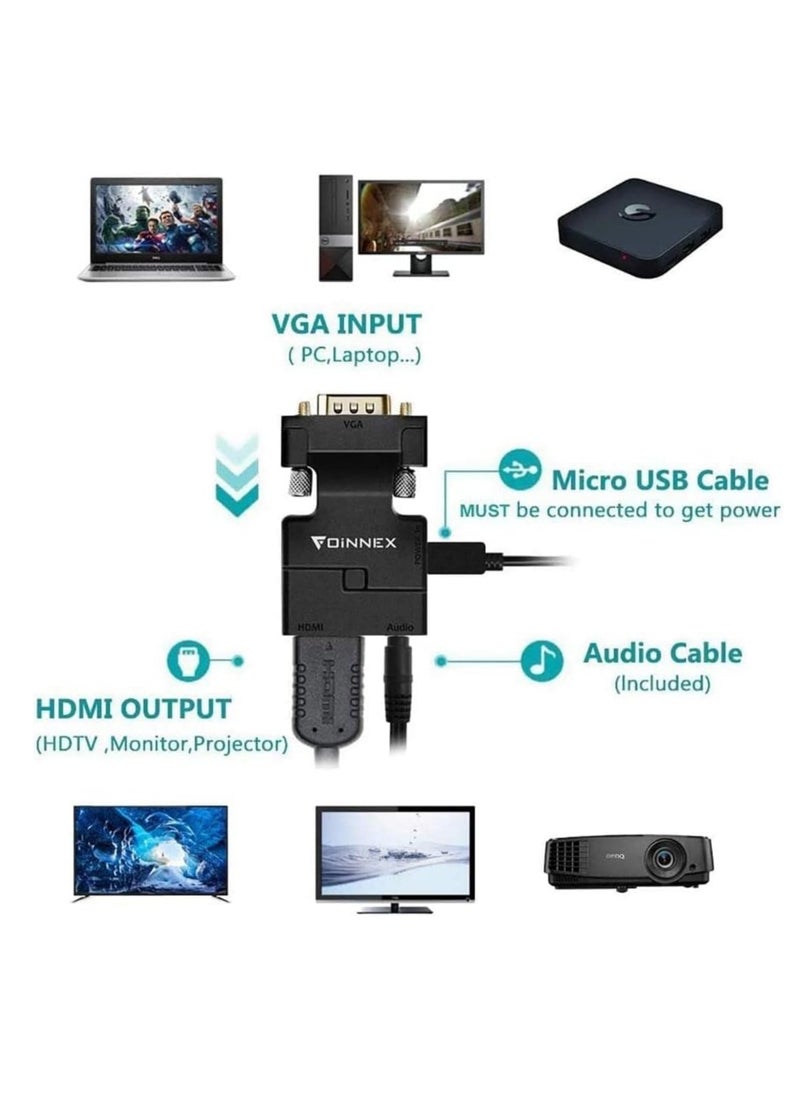 Generic - VGA to HDMI Converter with Audio 1080P Output Source for PC TV/Monitor Active Male Female Video Input Connector for Laptop Computer Projector Number of Ports: 4 - Image 1