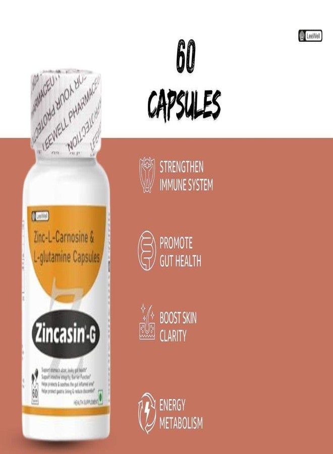 Zincasin -G contains Zinc Carnosine with L Glutamine 1100mg Supplement | Gut health Supplements | Support Leaky Gut | Gut inflammation and immune support | Stomach Ulcer, Acid reflux & Intestine layer Protection - 60 Capsules - Image 2
