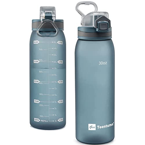 Teentumn 30oz Sport Water Bottle with Time Markers Large Durable Gym Plastic Bottle for Fitness Outdoor Enthusiasts Leakproof Pack of 1