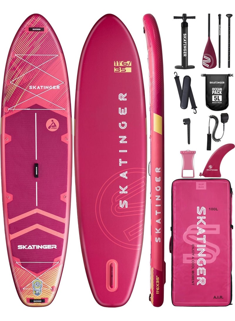 Skatinger Skatinger 11.6'-35"-6" Single Layer SUP Soft Standup Board Power Fin Paddle Board with Pump and Fins for Yoga, Fishing, Drifting, and Floating - Meteor Red  - Image 1