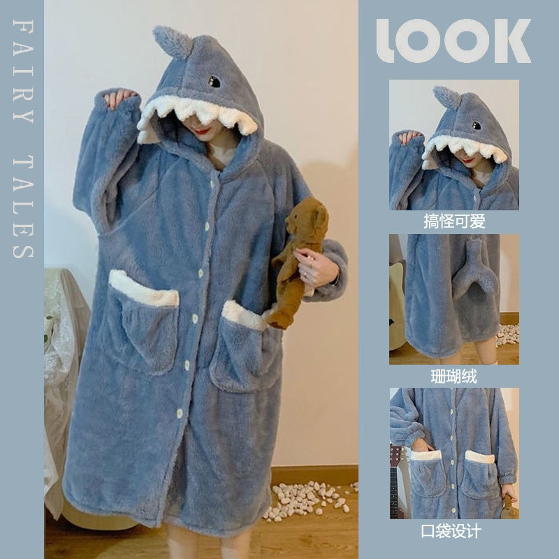 Autumn Winter Men And Women Ugly Fish Peco Donald Duck Thickened War Robe Flannel Home Clothes Nightgown Bathrobe Cosplay - Image 1