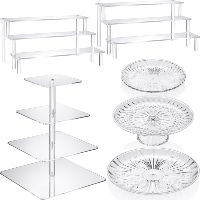 RimCereal 6 Pcs Acrylic Cake Stands 4 Tier Acrylic Display Risers 3 Tier Cookie Tiered Tray Stand Cupcake Holder with 3 Clear Plastic Trays for Wedding Baby Shower Tea Party Decoration and Organizer - Image 1