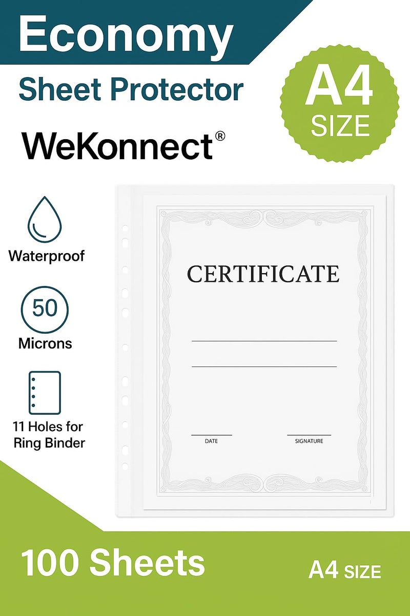 WeKonnect® Glossy Transparent Document Sleeves | Waterproof A4 Sheet Protectors with 11 Holes for Ring Binders | 50 Micron Clear Certificate Covers (Pack of 100) - Image 2