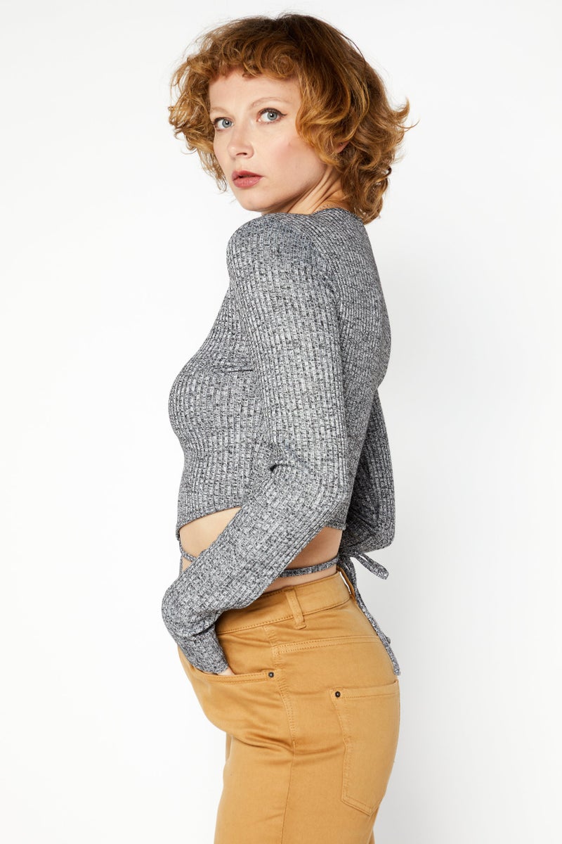 NA-KD Women Round Neck Long Sleeve Textured Top, Light Grey - Image 4