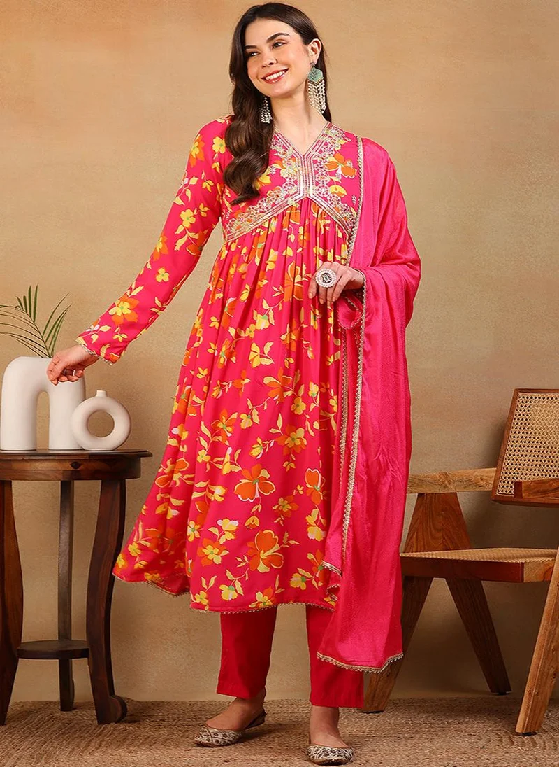 ZERESOUQ Pink Poly Georgette Printed Flared Empire 3-Piece Kurta Set