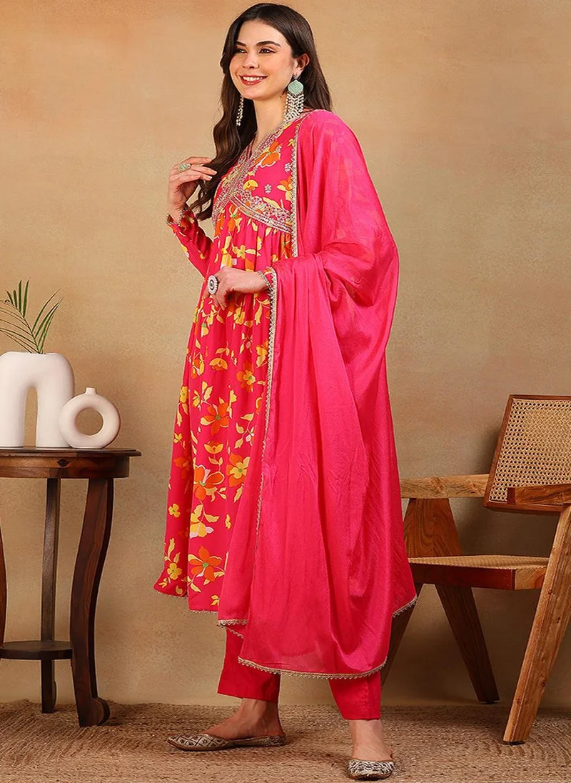 ZERESOUQ Pink Poly Georgette Printed Flared Empire 3-Piece Kurta Set