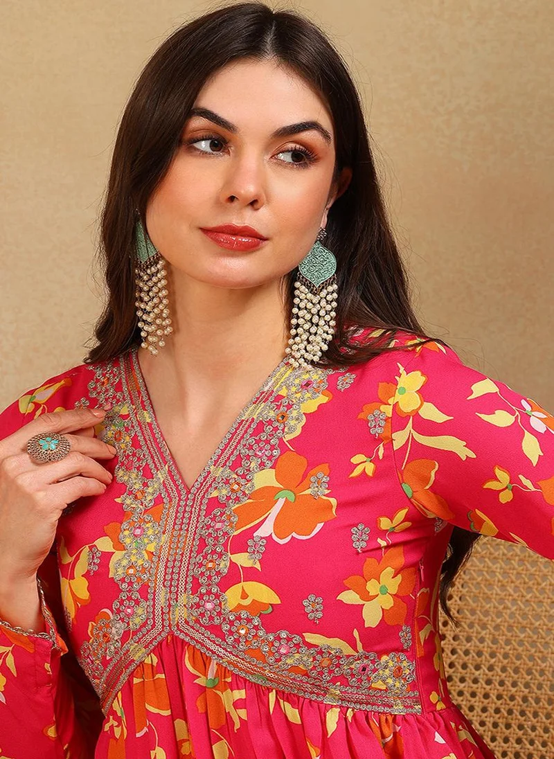 ZERESOUQ Pink Poly Georgette Printed Flared Empire 3-Piece Kurta Set