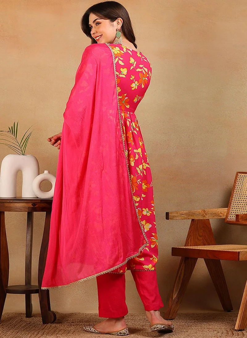 ZERESOUQ Pink Poly Georgette Printed Flared Empire 3-Piece Kurta Set