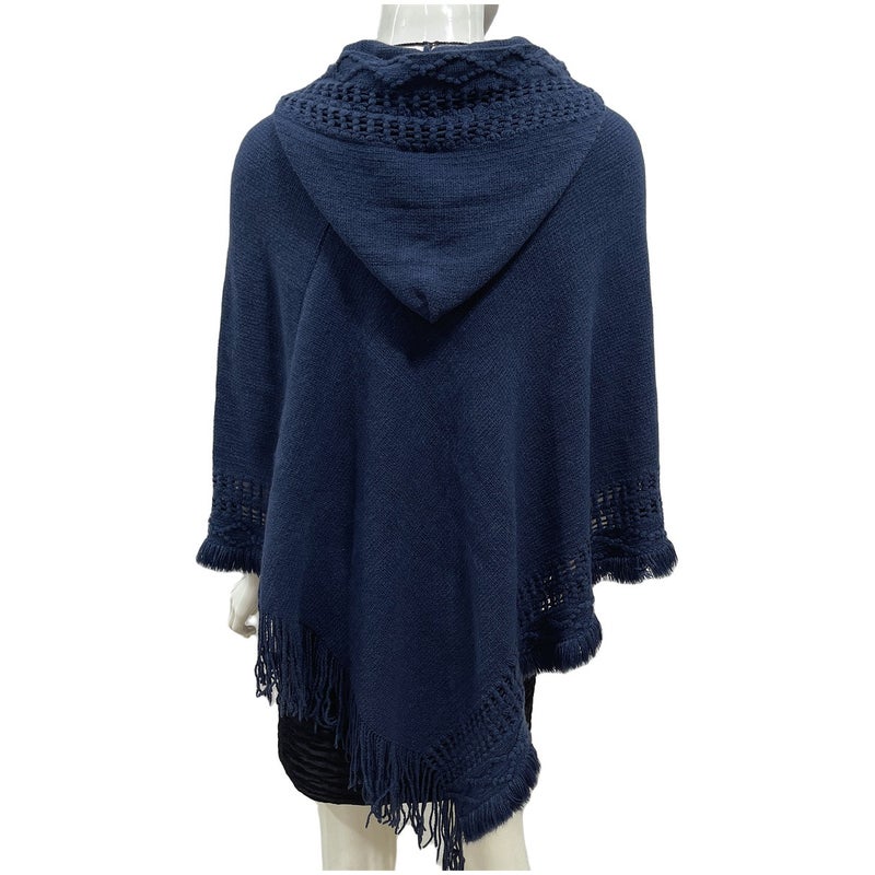Women's Hooded Cape Poncho with Hollow-Out Tassel Design, Loose Fit, Plus Size, Street Style