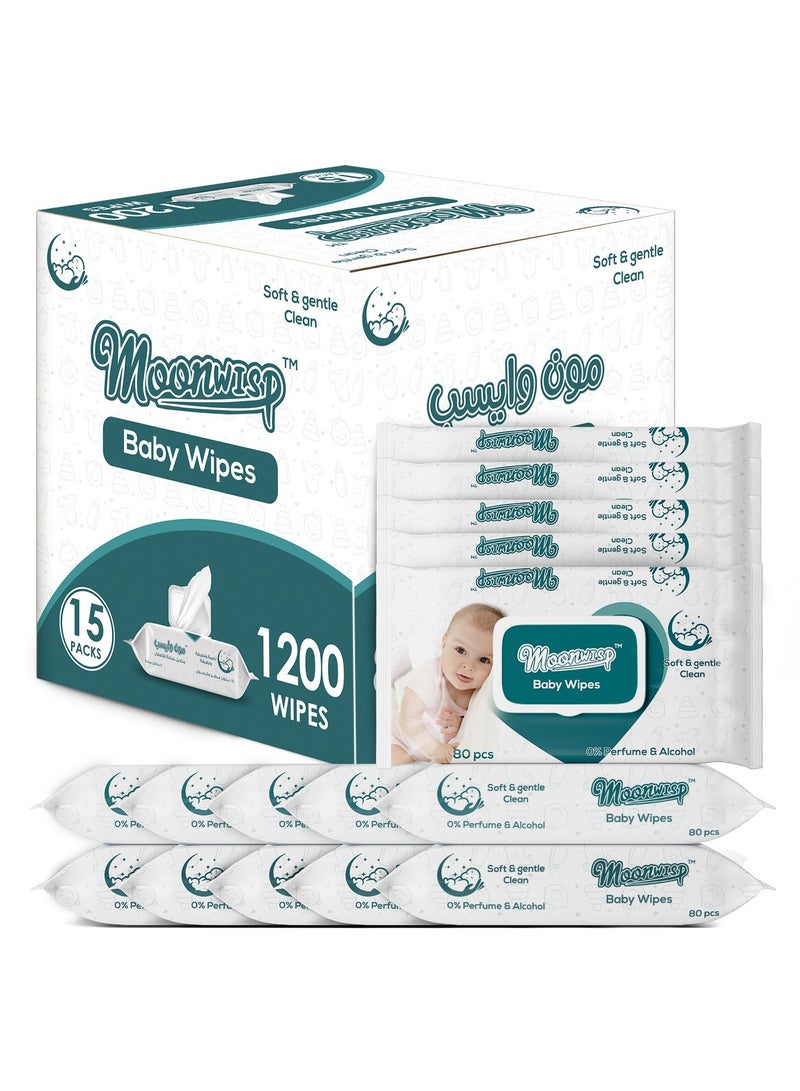 Moonwisp Baby Wipes - Unscented, Alcohol-Free, Wipes for Baby Care - Soft and Gentle Baby Wet Wipes for Everyday Baby Cleaning (Pack of 15 - 1200 Count) - Image 1