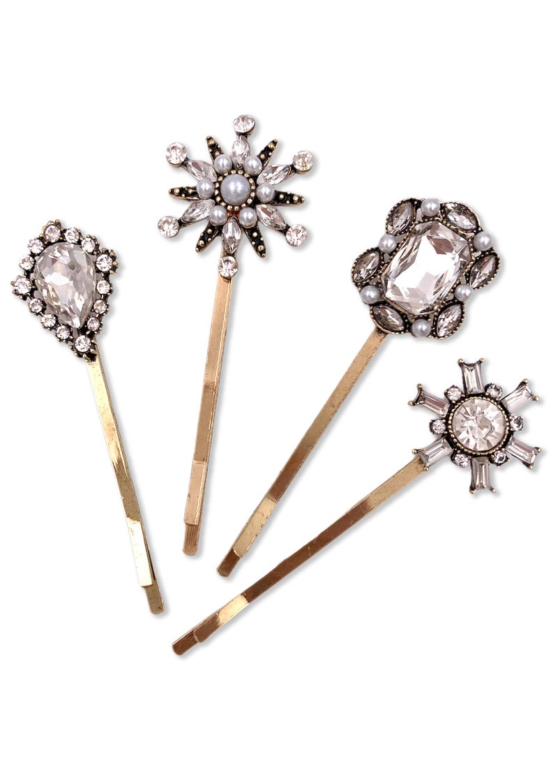 Lizzie Kay 4PCS Vintage Rhinestone Pearl Bobby Pins Decorative Hair Slides Clips Accessories Women 