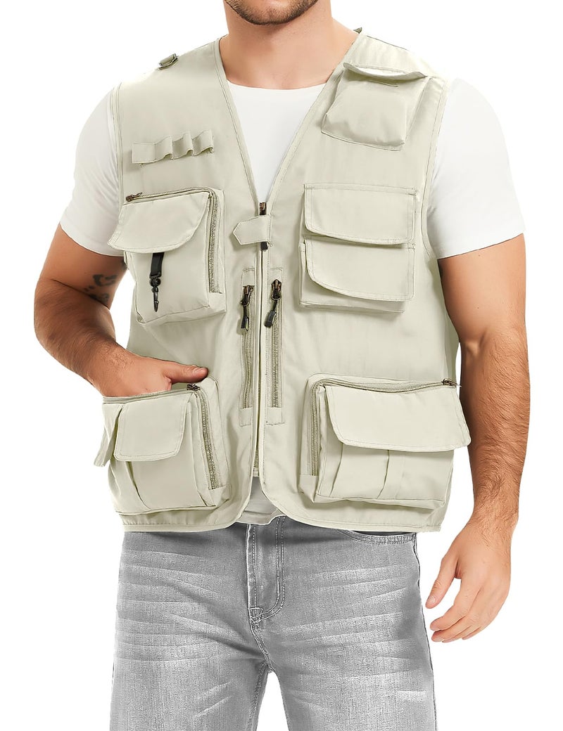 PEHMEA Men's Fishing Vest Utility Detachable Summer Vests with Pockets for Safari Travel Outdoor Work Photo Cargo Fly(Beige-XL) - Image 2