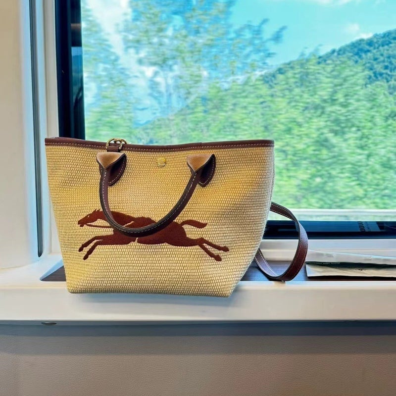 Longxiang Large Straw Woven Bag Shoulder Bag Crossbody Bag Hand Bag Small Size Small Bag Color-Matching Bag Longxiang Horse Woven Bag - Image 5