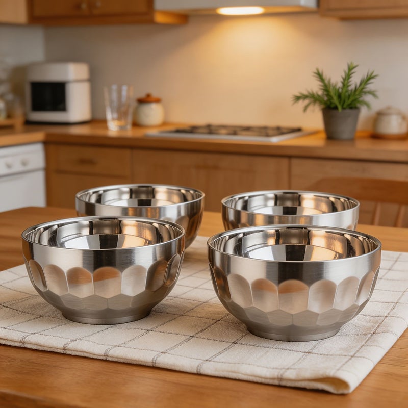 4 Pcs 5.12 Inch Double Wall 304 Stainless Steel Bowls Set Anti Scald Insulated Metal Rice Soup Bowls Diamond Patterned Serving Bowls For Home Kitchen Dishwasher Safe - Image 1