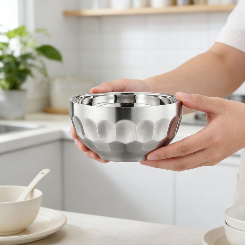 4 Pcs 5.12 Inch Double Wall 304 Stainless Steel Bowls Set Anti Scald Insulated Metal Rice Soup Bowls Diamond Patterned Serving Bowls For Home Kitchen Dishwasher Safe - Image 2