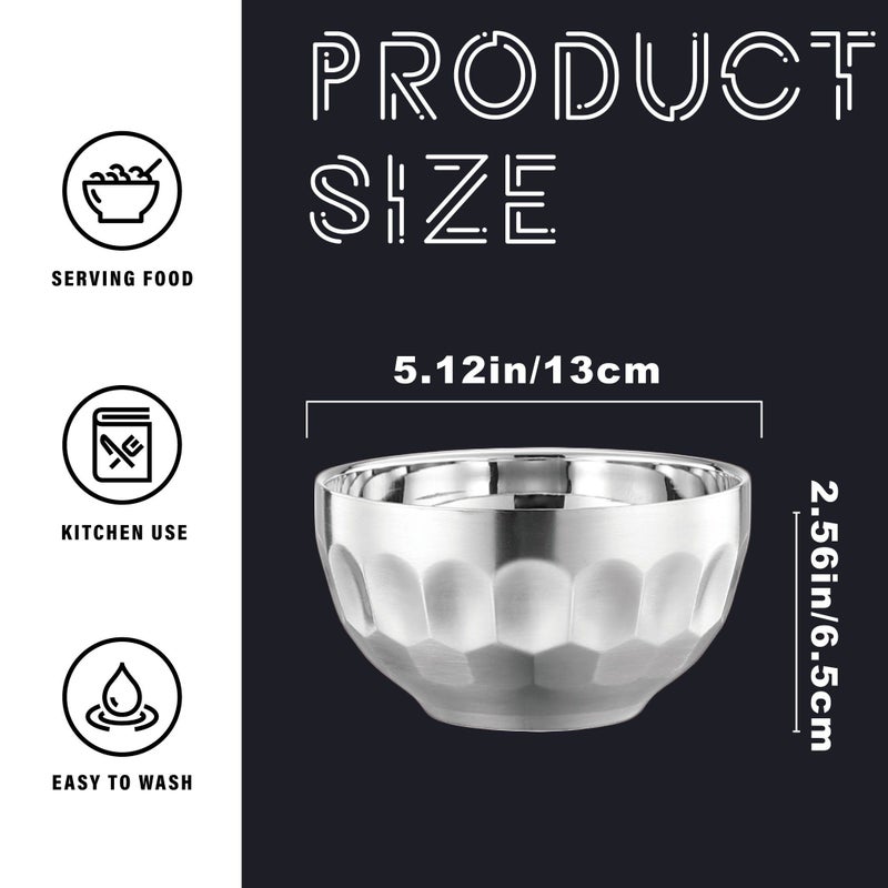 4 Pcs 5.12 Inch Double Wall 304 Stainless Steel Bowls Set Anti Scald Insulated Metal Rice Soup Bowls Diamond Patterned Serving Bowls For Home Kitchen Dishwasher Safe - Image 3