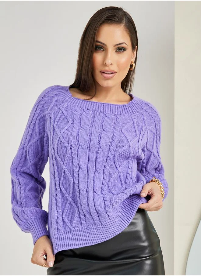 ستايلي Regular Fit Cable Knit Square Neck Sweater