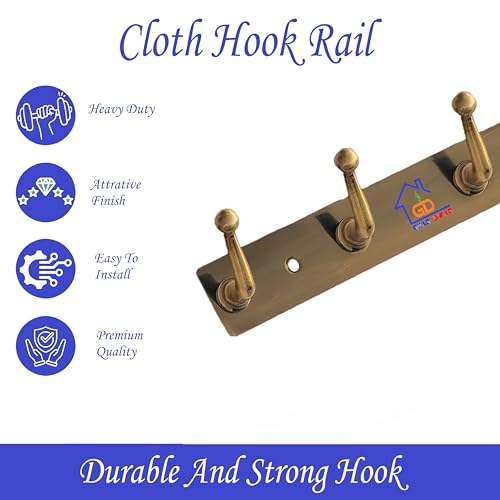 GHAR DWAR Stainless Steel Pin Cloth Hanger Wall Hooks Rail for Hanging Clothes Bathroom Wall Door for Hanging Keys Towel Silver Hook (8 Pin Brass Antiq, Pack of 2) - Image 3