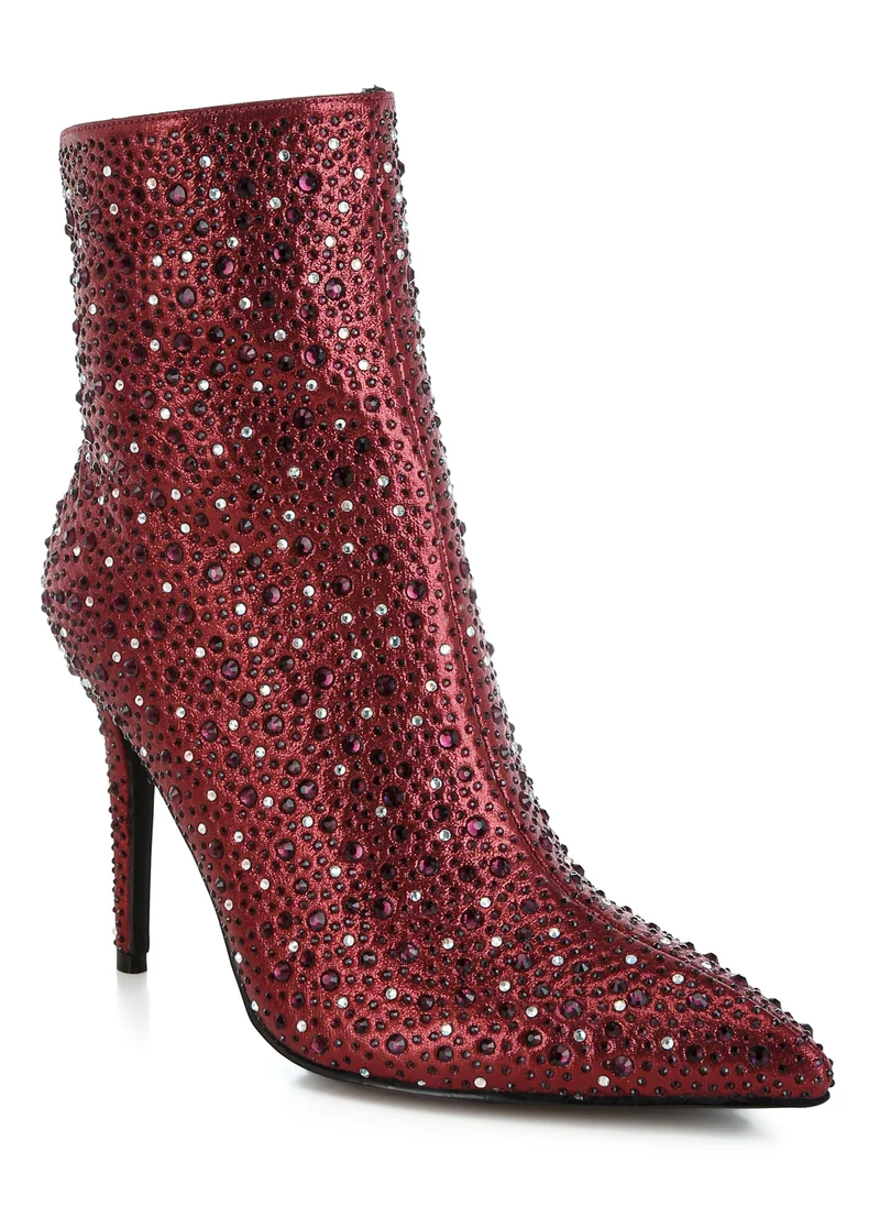 London Rag Rhinestones Embellished Stiletto Boots in Burgundy