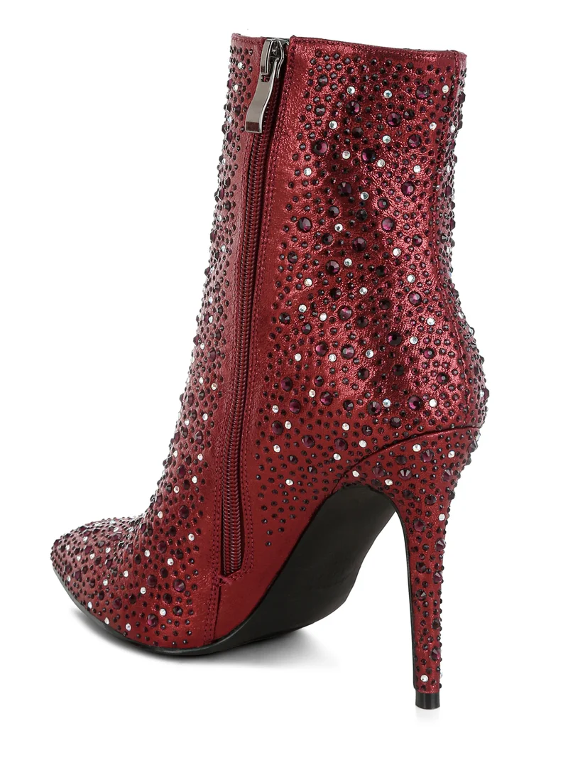 London Rag Rhinestones Embellished Stiletto Boots in Burgundy