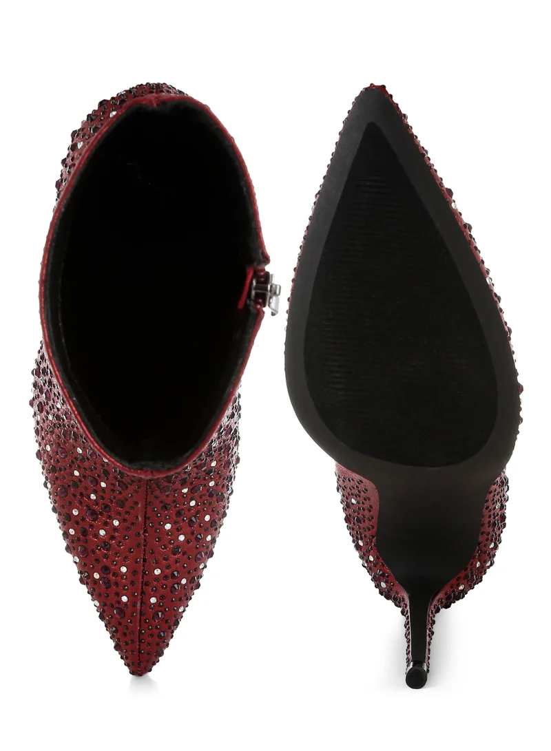 London Rag Rhinestones Embellished Stiletto Boots in Burgundy