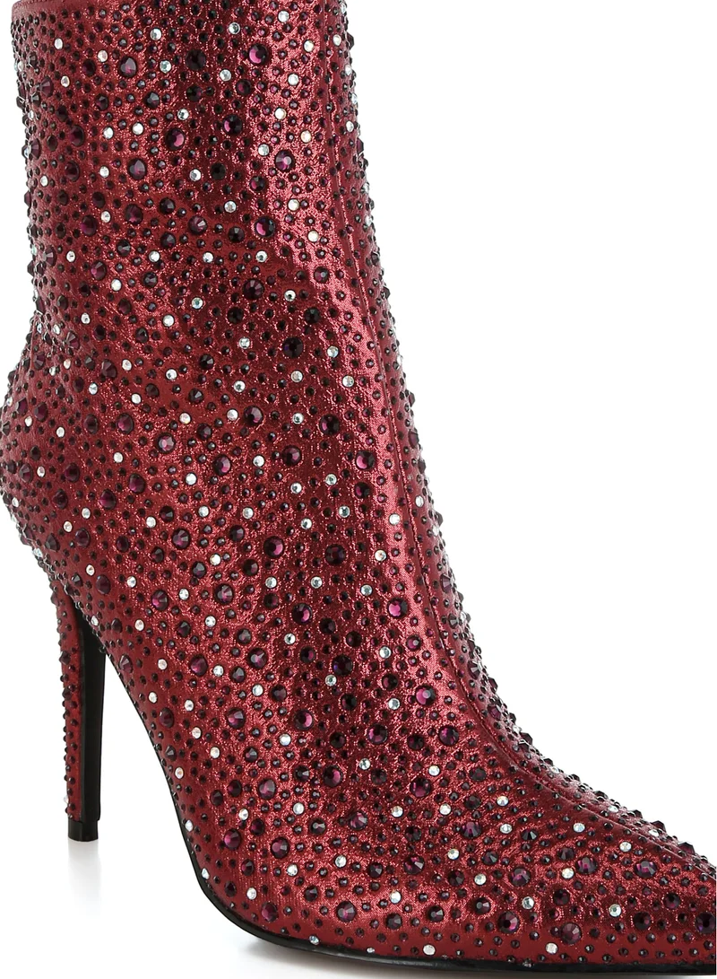 London Rag Rhinestones Embellished Stiletto Boots in Burgundy