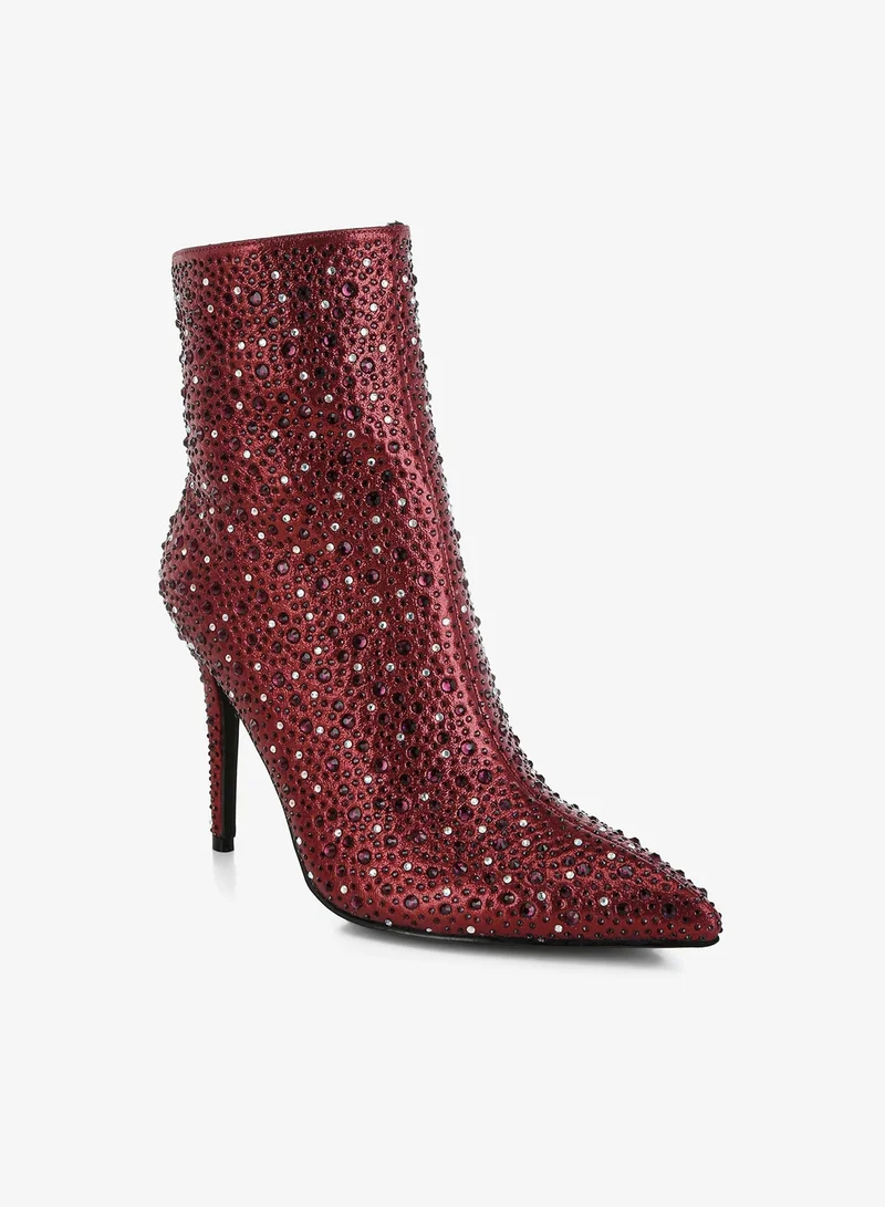 London Rag Rhinestones Embellished Stiletto Boots in Burgundy