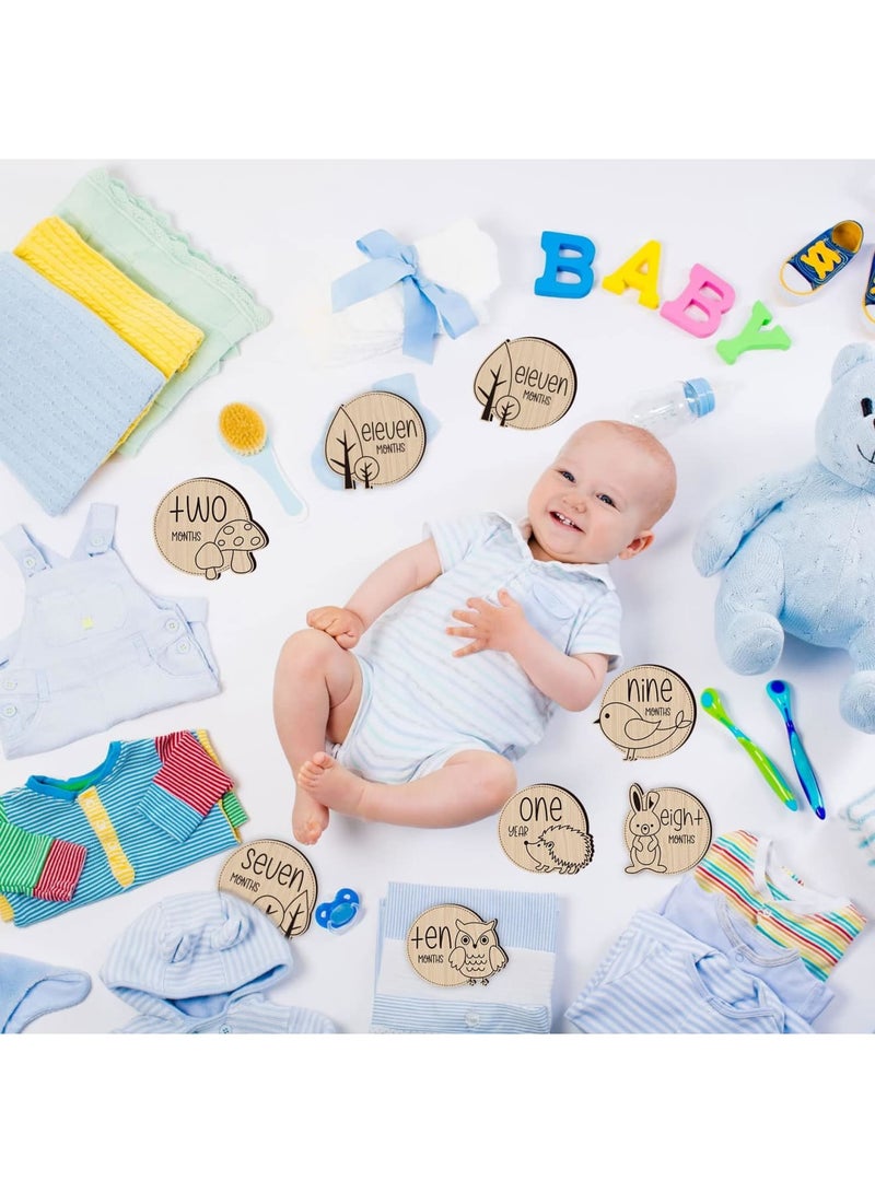 SYOSI Baby Monthly Milestone, 12 Pcs Wooden Baby Milestone Cards with Linen Bag - Wooden Newborn Welcome Discs Sign Round New Baby Sign Sided Cute Animal Printed, Baby Announcement Cards for Boys Girls - Image 4