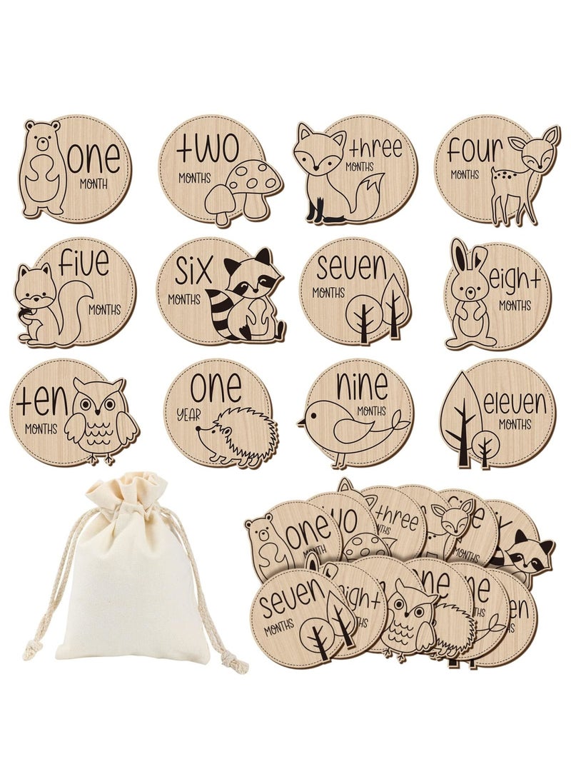 SYOSI Baby Monthly Milestone, 12 Pcs Wooden Baby Milestone Cards with Linen Bag - Wooden Newborn Welcome Discs Sign Round New Baby Sign Sided Cute Animal Printed, Baby Announcement Cards for Boys Girls - Image 1