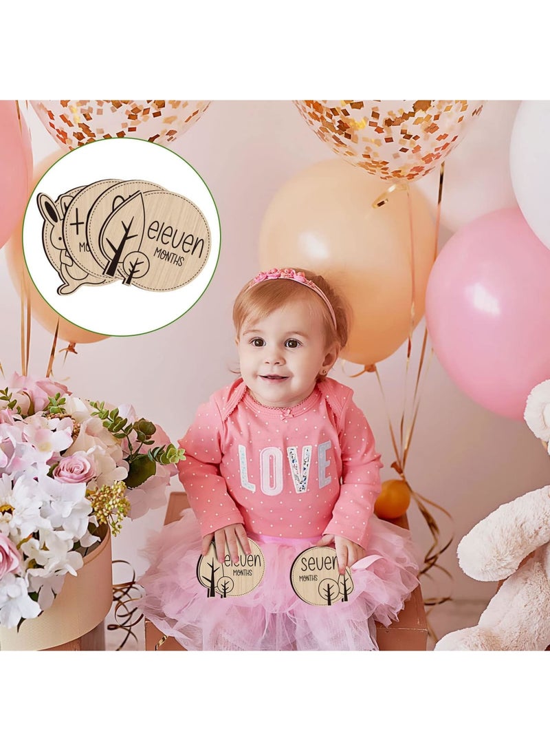 SYOSI Baby Monthly Milestone, 12 Pcs Wooden Baby Milestone Cards with Linen Bag - Wooden Newborn Welcome Discs Sign Round New Baby Sign Sided Cute Animal Printed, Baby Announcement Cards for Boys Girls - Image 3