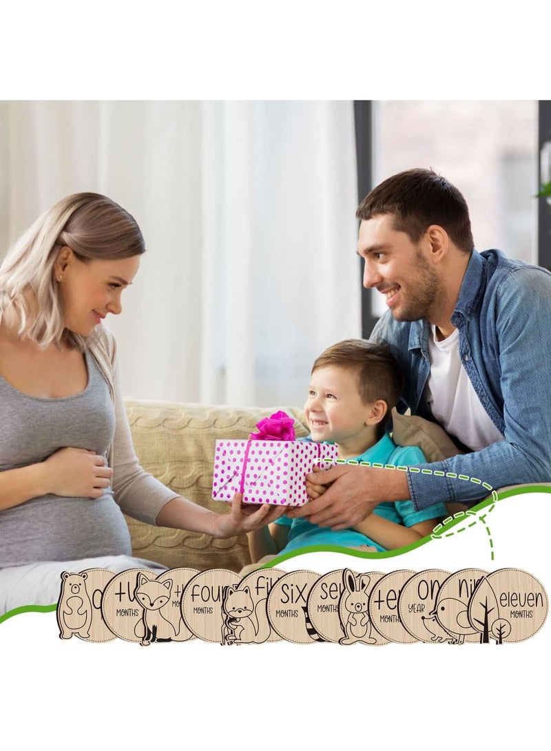 SYOSI Baby Monthly Milestone, 12 Pcs Wooden Baby Milestone Cards with Linen Bag - Wooden Newborn Welcome Discs Sign Round New Baby Sign Sided Cute Animal Printed, Baby Announcement Cards for Boys Girls - Image 5