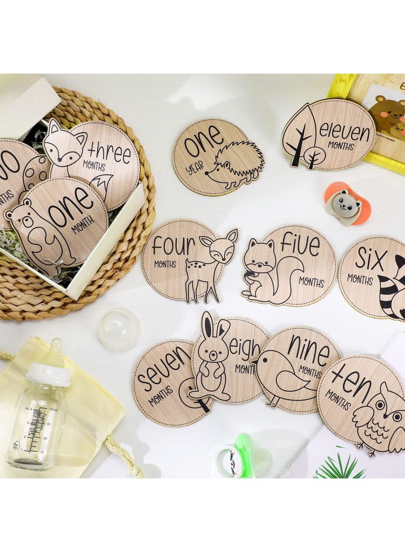 SYOSI Baby Monthly Milestone, 12 Pcs Wooden Baby Milestone Cards with Linen Bag - Wooden Newborn Welcome Discs Sign Round New Baby Sign Sided Cute Animal Printed, Baby Announcement Cards for Boys Girls - Image 2