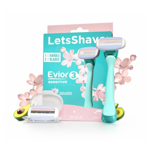 Letsshave Evior 3 Sensitive Shaving Razor for Women | 1 Handle + 2 Blades | Dual Moisture Bar with AloeVera, Vitamin E, Argan & Avocado Oils | Bikini & Underarm Friendly | Full Body Hair Removal Razor | 3 Months of Smooth Shaving - Image 1