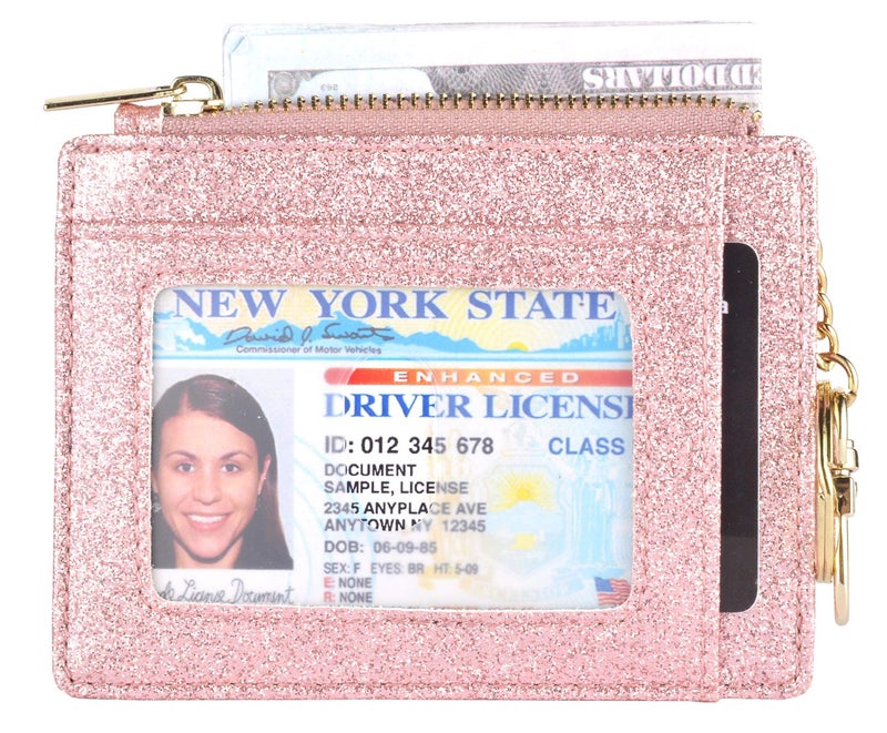 woogwin Slim RFID Credit Card Holder for Women Mini Front Pocket Wallet Purse With Keychain(starRosegold) - Image 2