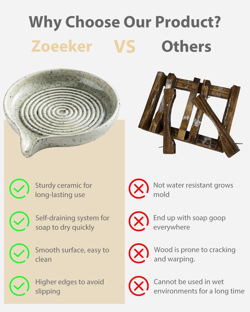 Zoeeker صحن صابون بتصميم ذاتي التصريف، حامل صابون خزفي مع فتحة تصريف لصحن الصابون للاستحمام، الحمام ومغسلة المطبخ، يحافظ على صابون البار جاف، زجاجة مرقطة - Image 4